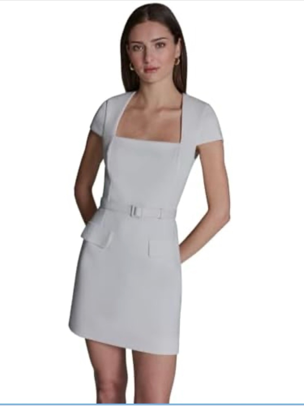 BCBG womens Short Sleeve Square Neck Belted Short Stretch Dress Casual Dress